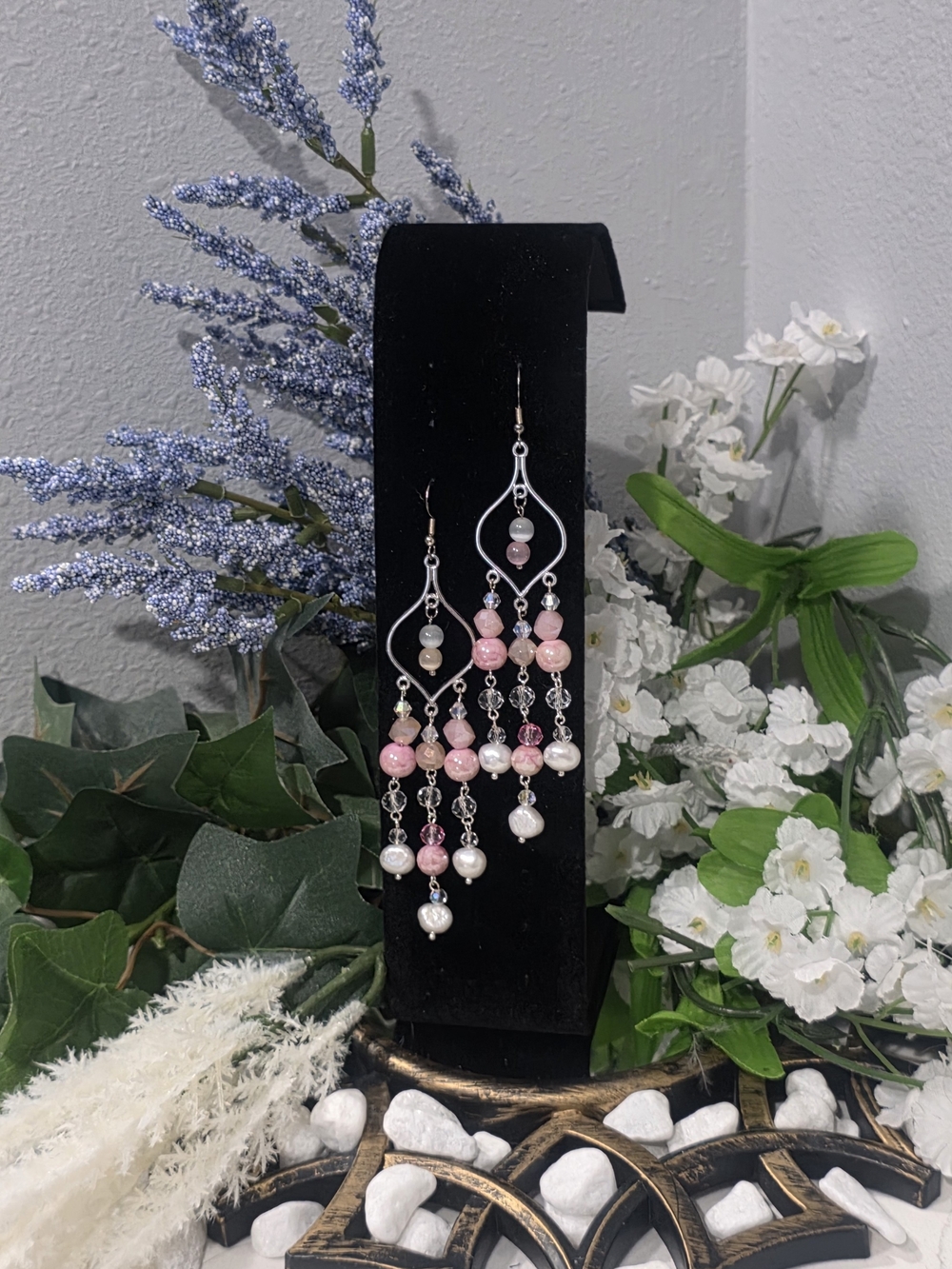 Hand Crafted Pink Cultured Pearl & Bead Chandelier Earrings